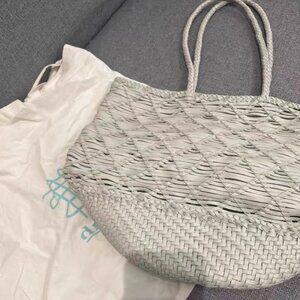 Dragon Diffusion 8838 Pearl White Leather Woven Drawstring Bucket Bag